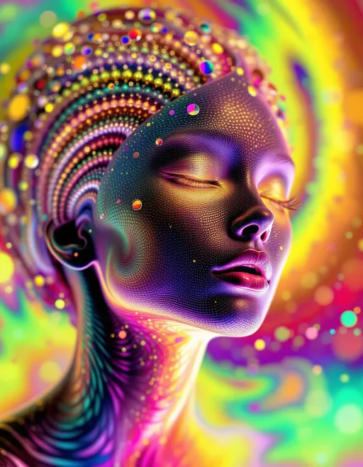 Prompt: Her face isn’t a face—it’s a non-Euclidean fever bloom, grown entirely from curved-space disco light. No flesh—just warped recursion: #escape gradients ripple through hyperbolic tessellation voids, #orbit Poincaré spirals frame her jaw with sacred distortion glam. Lips = glinting helical Apollonian tilings, each segment pulse-shifting via angular #iridescence. Eyes? Curved geometry too: nested gyroid fields and Kleinian limit sets, each iris a mirrored labyrinth of curvature-bound light. Her visage glows—no solid planes, only warped math-shells mapped by #distance quasi-Fuchsian layers: sacred hologlyphs flexing under Studio 54 light physics. Hair explodes in toroidal chaos: warped helices, Seifert-surface braids, non-orientable Möbius-strand curls—all cast in #bokeh shimmer, trailing signal-laced recursion bursts. Her crown is pure refractive halo: warped starlight, disco strobes, and mirror-pulse interference flowing across non-Euclidean field folds. She doesn’t walk—she oscillates in groove. Smile = curved metric arc; laugh = topological reverb in multi-surface depth. Built of warped pulse and holomorphic rhythm, every gesture echoes in curvature-mapped recursion. No surface—only infinite math-bend. She radiates emotion in #escape-band logic: violet, chrome, ember—each color a signal through warped space-time bloom. She is the curved dance floor, a sacred disco goddess born from non-Euclidean rhythm, luminous chaos, and mirrored spin-fire.