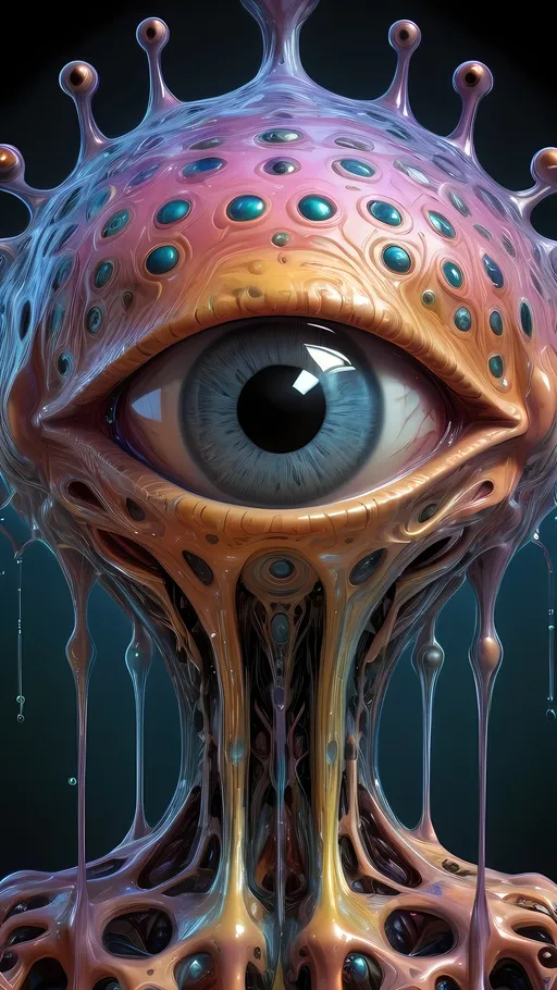 Prompt: Surreal psychedelic non-humanoid creature, ultra realistic hyperrealism beyond human comprehension, entity, trippy, crazy inhuman eyes, multidimensional, fractal, noneuclidien geometries geometric shapes tesseracts, melting, drips, hyper dimensional, drippy, aura, alien, extraterrestrial, extra dimensional,bizarre, ineffable, numinous, counsciousness, strange, unnerving but beautiful, biolocal, mechanical, blobs, atoms, particals, eyes