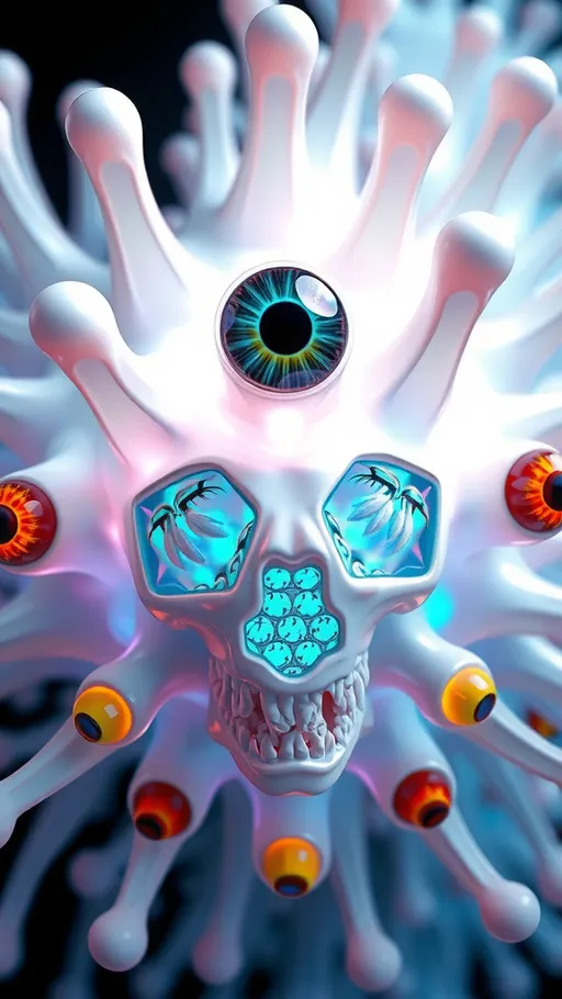 Prompt: an extremely hyper realistic ultra super textural weird trippy surreal psychedelic entity, gyroid structures, Pascal's Triangle, white, translucent, clear, bright bright pastel colors, oil slick rainbow sheen effect, lots and lots of light, lots of crazy colorful compound psychedelic human eyes, rows of human teeth, fungus, atoms, diatoms, gyroid structures, Pascal's Triangle