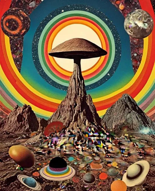 Prompt: L<mymodel> a vintage 70s psychedelic collage featuring photographs and art spliced together to produce an image that has the surreal feel of vintage 70s science fiction art but is a psychedelic college of the following elements, importance ranging from highest to lowest- trippy psychedelic patterns and optical illusion effects, mushrooms/fungus of all kinds in all colors of the rainbow, alien/desert/mountain landscapes, planets/moons/orbs, rainbow spectrums, colorful auras, cats, candy, insects, animals