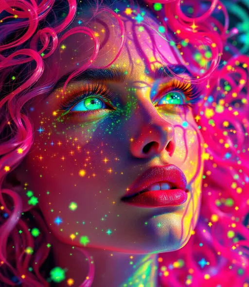 Prompt: Her face is a modular masterpiece—cheekbones traced with the shimmer of moonshine symmetry, every angle tuned to a hidden harmonic. Newton fractal veins glow faintly beneath translucent skin, shifting in color with each emotion. Her eyes burn with prime number fire, irises tiled in Penrose symmetry, blinking with curved light logic. Laughter echoes in Hilbert paths across her cheeks—space-filling joy spirals, soft and bright. Hair spills around her in radiant pink curls, styled by quasiperiodic forces and recursive wave equations—each strand flowing in luminous fractal tension. Geometry pulses at the hairline, recursive symbols glinting in neon mathdust. She is wrapped in hyperbolic aura-rings, layered in color-feedback like living topology, her presence refracting sacred math through joy, emotion, and colorfields.”

⸻

Visual Keywords:
Modular face symmetry, Newton glow skin, Penrose-tiled irises, Hilbert smile trails, pink recursive curls, fractal symbol halo, hyperbolic color aura, neon mathdust, prime fire eyes