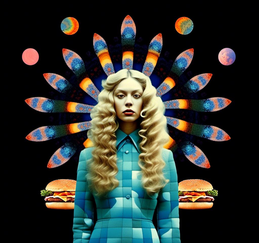 Prompt: A psychedelic collage featuring a photograph of a woman with blond curly long hair. The photo is cut and spliced with other photos - of cats, roads, landscapes, trippy optical illusion patterns, pickles, hamburgers, realistic  desert, alien  landscapes, geometric shapes in a psychedelic cut and paste collage <mymodel>