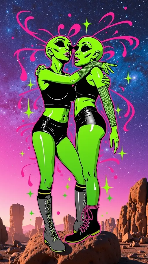 Prompt: Create an image of two female aliens, each with green skin, conical shaped bald heads, and large solid black almond shaped eyes, playfully side hugging on a rugged asteroid in space. Both are dressed in tight, shimmering crop tops with fishnet sleeves and short shorts, exuding a fun and carefree vibe. One alien is wearing knee-high boots with metallic accents, while the other sports ankle boots with bright neon laces. Their arms are wrapped around each other, and they are laughing, showcasing their playful friendship. The cosmic background is filled with stars and distant galaxies, but the entire scene is infused with digital chaos. Glitches ripple across the image, with pixelated distortions and colorful digital noise creating a dynamic, otherworldly atmosphere. The asteroid and their forms seem to flicker and shift, as if caught in a digital transmission error.