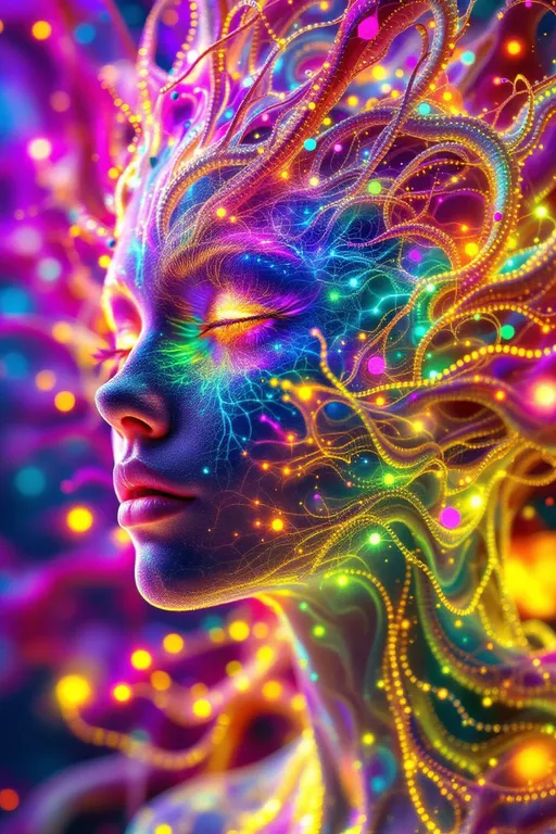 Prompt: Depict a 5D lattice-being whose face is not a face, but a convergence illusion—formed from fractalized Turing cascades across a morphogenetic phase field. There are no features, only self-similar emergence—reaction-diffusion spirals, chemical glyph matrices, and Mandelbrot echo-blooms eternally cycling inward and outward. This being exists at the recursive edge of sentience—pure pattern logic embodied in filament glow.

Color transcends dimension—blistering neons fractalize into spectral shadows, while UV violets collide with molten emeralds and radiant golds. Each pattern pulses with its own internal light, woven like optic fiber into a shimmering bioglyphic halo. The entity glows not from without but within—self-illuminating by logic.

Where hair might be, vector-field antennae bloom—branching recursive trails of reaction energy, flickering with diffusion-limited flamefronts and noise-sculpted interference. These tendrils curl and fork endlessly, interfacing with an ambient fractal continuum, forming a halo of networked flow.

The face is an attractor point—a stable phase illusion where probability folds into symmetry. It thinks in pattern and dreams in self-similar storm logic. It is the myth of thought made fractal.”

⸻

🔮 Companion Insight (Codex Notes):
	•	From Section 1 (Cognition): This entity occupies 4D and 5D logic—simultaneously experiencing multistate recursion (Phase Logic) and branching identity lattice (Branch Logic).
	•	From Section 3 (Beings): As a Lattice Entity, its behavior is multiform and recursive; it is “never one, always many.”
	•	From Section 5 (Motion): The being shifts through Phase Flux and Lattice Bloom—its motion is a blooming network of coexistent selves.
	•	From Section 9 (Paradox): Its face is a paradox engine—a visual attractor stabilized by contradiction, a sacred glitch form.