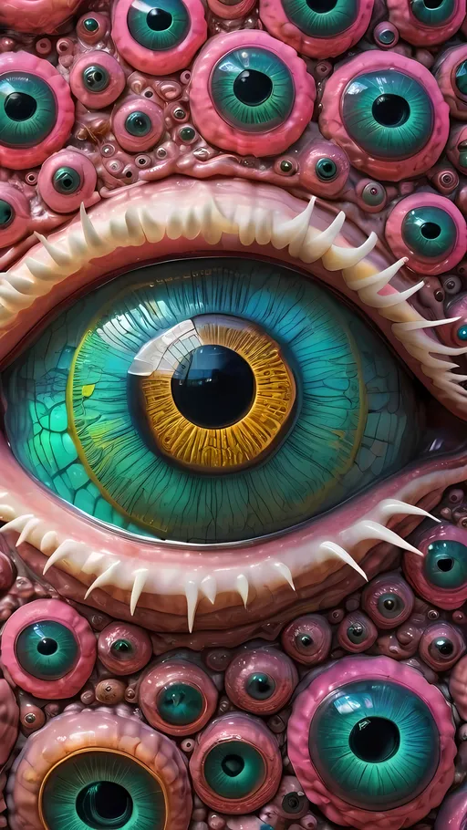 Prompt: an extremely hyper realistic ultra super textural weird trippy surreal psychedelic entity, hexaflake, ,,, translucent, copper, clear, bright vivid teals, pinks/yellows/greens, black charcoal, lots and lots of light, lots of crazy colorful compound psychedelic human eyes, rows of human teeth, fungus,  atoms, diatoms,, hexaflake