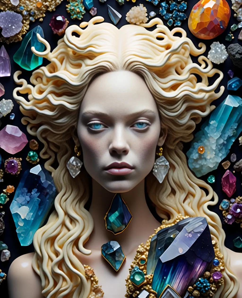 Prompt: <mymodel>ego death, woman long blond curly hair, figurine,  trippy extremely ultra hyperrealistic, high texture high detail psychedelic hallucination created entirely out of Gemstone, gemstones, crystals, crystal, psychedelic, texture, ego death, geometric shapes, fractals made out of gemstones gemstone textures minerals mineral texture banding crystals crystal clusters formations