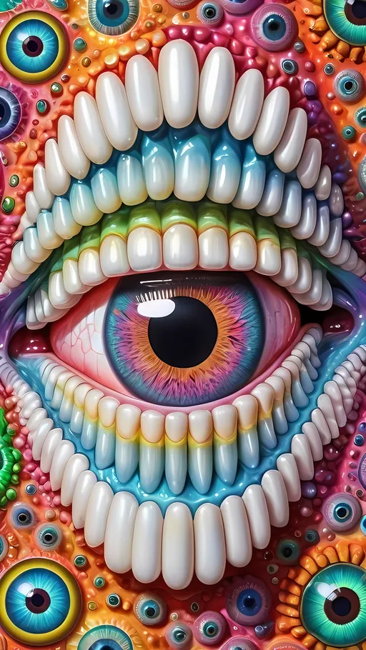 Prompt: an extremely hyper realistic ultra super textural weird trippy surreal psychedelic entity, Hexaflexagons, white, translucent, clear, bright bright pastel colors, oil slick rainbow sheen effect, lots and lots of light, lots of crazy colorful compound psychedelic human eyes, rows of human teeth, fungus, atoms, diatoms, Hexaflexagons