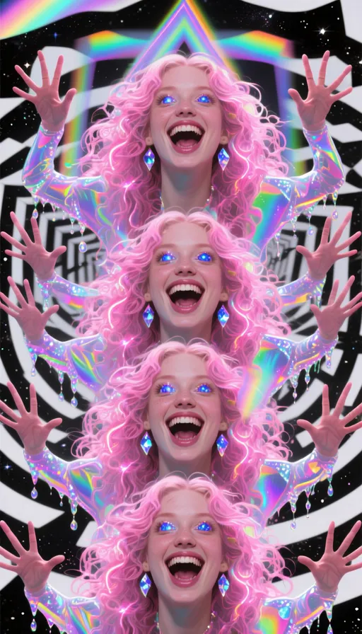 Prompt: Hyperrealistic psychedelic portrait of MERRY — a Caucasian woman with long, wild, curly pink hair glowing like neon aurora filaments, eyes like crystalline galaxies of sapphire and opal. She multiplies fractally into many mirrored versions of herself, each laughing maniacally, hands and arms extending in recursive patterns, fingers splitting into kaleidoscopic geometry. The background is a cosmic labyrinth of black-and-white optical illusion patterns, chromatic aberrations, holographic glitches, shimmering sacred geometry, and rainbow fractals. Iridescent gradients flow like soap-bubble films, dripping with glitter, sparkle, and neon shine. Medium: digital surrealism, maximalist, holographic, glitchcore, retro psychedelic pop-art. Lighting: glowing, prismatic, refractive, multidimensional.