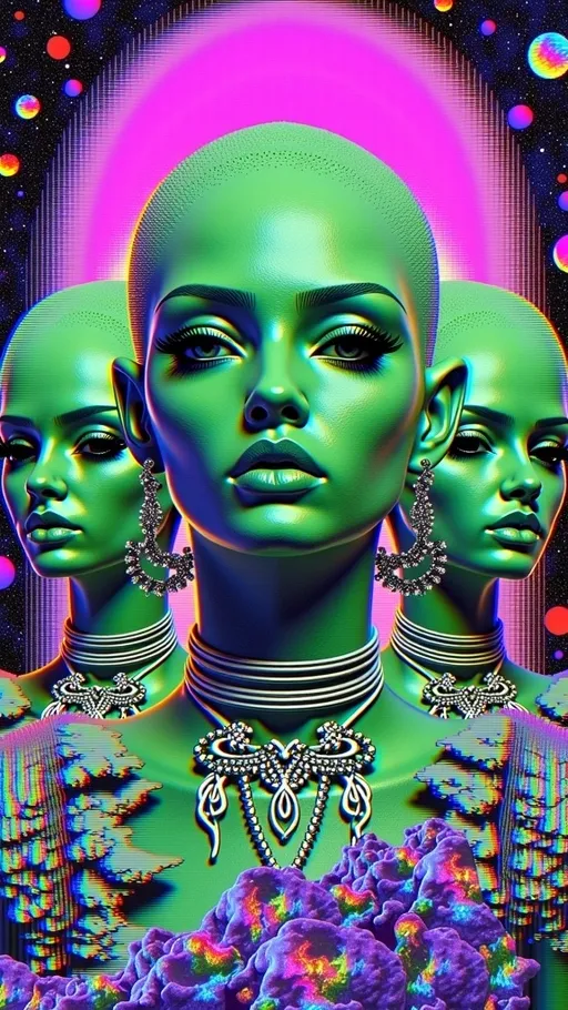 Prompt: **Space Hos - AI Art Prompt**

Create a totally glitchy glitched out artwork featuring the phrase "Space Hos" in a bold, sassy, girly futuristic tech font. The scene is populated by multiple striking green-skinned alien females, each exuding attitude and confidence. They are dressed in avant-garde high fashion with a futuristic edge, showcasing an array of intricate accessories that highlight their alien allure. The scene is being viewed through a retrofuturistic computer screen full of glitches and aberrations 

Each alien boasts a slightly conical-shaped bald head and large, almond-shaped black eyes, adding to their enigmatic charm. They pose with sass and poise, making a statement in the cosmic landscape.

Incorporate a vibrant UFO in the background, teeming with colorful lights that illuminate the scene. The setting is a bustling outer space landscape, complete with an alien planet, swirling asteroids, and cosmic phenomena. Alien glyphs are seamlessly integrated into the design, adding a mysterious layer.

The entire composition is busy and detailed, with every inch filled with tiny elements that captivate the viewer's attention. From the smallest star to the grandest asteroid, the scene is a masterpiece of cosmic chaos and extraterrestrial elegance.