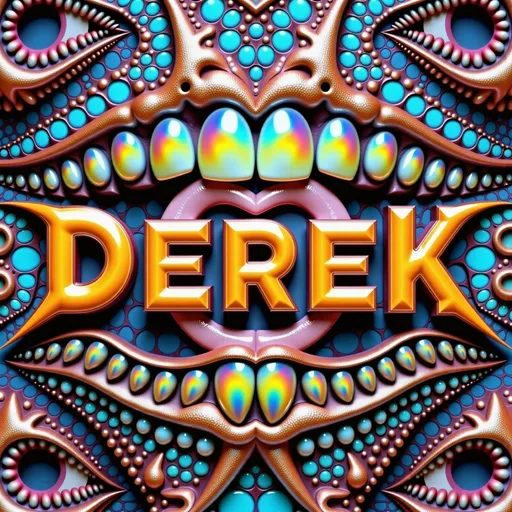 Prompt: **AI Prompt:**

An extremely hyperrealistic, ultra-textural, ultra-high-definition depiction of the words "Derek" “&” "Merry," each letter transformed into a surreal fusion of natural and otherworldly elements. The letters of "Derek" are sculpted from glistening, jagged shards of **quartz crystal** and glowing **fluorite**, with veins of molten **copper** running through their cores. These letters appear to float in a dynamic, swirling field of **fluid dynamics**, with intricate eddies and vortices of shimmering liquid that refract light into psychedelic rainbows.

The word "Merry" is constructed from a lattice of **microscopic fractal patterns**, each segment of the letters resembling magnified cellular structures or snowflake-like geometries, pulsating with faint **quantum vibrations**. The surface of these letters is iridescent, shifting between hues of deep emerald, fiery gold, and electric blue, as if alive with astral energy. Surrounding "Merry" is an ethereal glow, like a mist of bioluminescent particles that dance in rhythmic, wave-like patterns, echoing the resonance of a distant cosmic hum.

The entire scene is set against a backdrop of **psychedelic tiling patterns**, where tessellations of kaleidoscopic shapes morph and evolve endlessly, creating a hypnotic sense of infinite depth. The atmosphere itself seems alive, with layers of hyperrealistic textures—dripping, flowing, and sparkling—emphasizing every microscopic detail. The interplay of light and shadow is so precise that the letters seem tangible, as if the viewer could reach out and feel the cold, sharp edges of "Derek" and the soft, vibrating warmth of "Merry."