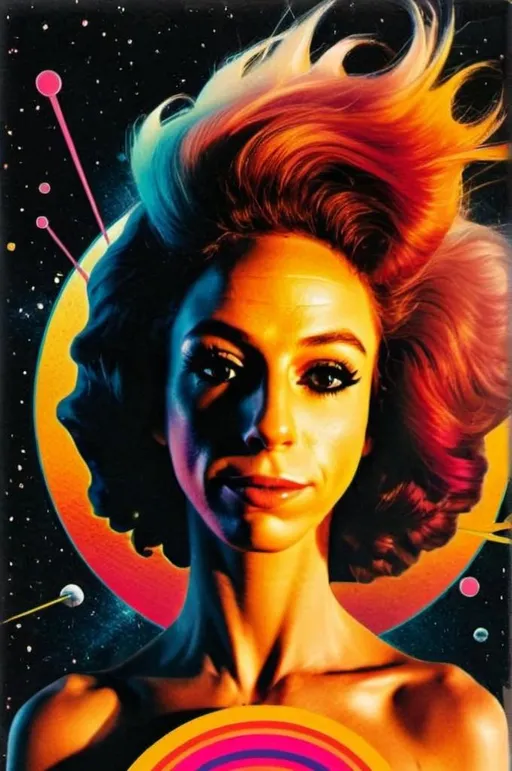 Prompt: 
*"A surreal, retro-futuristic portrait of a figure with wild, long, curly pink hair that flows like a cosmic wave. The figure is dressed in stylish, modern attire with bold textures and warm tones, such as vibrant yellows, neon pinks, or electric blues, blending effortlessly with the colorful cosmic environment. The backdrop explodes with bright, psychedelic energy—radiating streaks of neon pink, teal, and yellow, interspersed with glowing planets and dreamy starbursts. The scene incorporates sharp geometric elements, like swirling celestial rings and angular retro designs, while the color palette is unapologetically bold and saturated, emphasizing neon brights and cosmic contrasts. The overall vibe is a dazzling fusion of 1970s sci-fi aesthetics, modern cosmic surrealism, and psychedelic radiance."*
