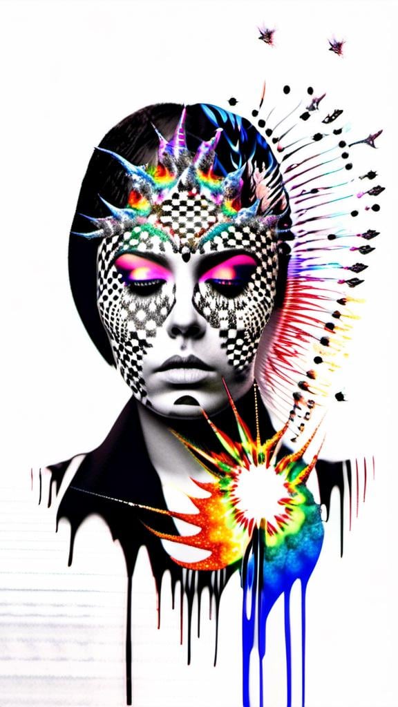 Prompt: a mixed media collage portrait of a woman in a black or white photograph that has bit edited with other media to create a collage like illusion that she is burning in shining metallic glittery rainbow colored fire flames , sparkle, colored paints, rhinestones sequins paint paper high texture-multimedia rainbow astral flames bursting forth from a black and white photograph of a woman<mymodel>