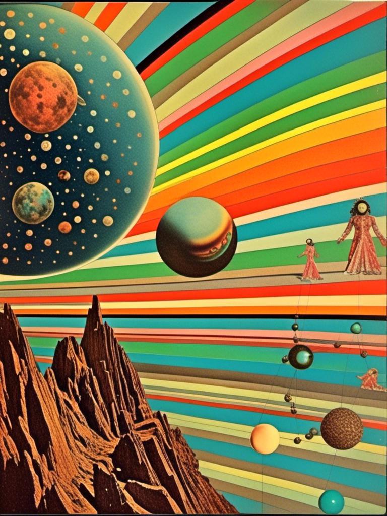 Prompt: A vintage 70s psychedelic collage with the theme “astral vacation”- incorporate themes of astral projection, the astral plane, the silver cord, use an astral brilliantly but sometimes muted opalescent color palette, & combine it all with planets, orbs, optical illusions and psychedelic trippy patterns, color spectrums as a surreal vintage psychedelic collage<mymodel>