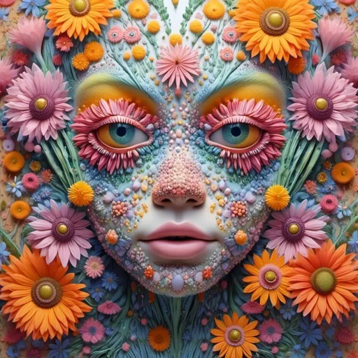 Prompt: A hyperrealistic super textural beautiful but weird flower creature, made out of wildflowers & weeds, human eyes, mouth, face, body, bright pastel colors, lots of lightA hyperrealistic super textural flower creature, made out of wildflowers & weeds, bright pastel colors, lots of light<mymodel>