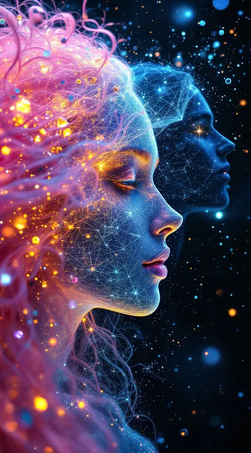 Prompt: In a realm beyond form, where dimension folds upon dimension and time itself diffracts, two beings emerge as living equations. One—a white woman, 5’4”, slim, with long, wild, extremely curly pink hair—is not a body, but a cascade of recursive light events. Her form pulses with stochastic shimmer, made of ever-shifting crystalline polyhedra and spectral feedback loops. Her hair is a radiant storm of iridescent tendrils, flickering through layers of geometry like a cosmic antenna. Her essence is a waveform—bright, unstable, kaleidoscopic—glitching in and out of visibility as fractals unfold and collapse in real-time. She is the HaHahedron: sacred irrationality embodied as light, laughter, and color noise.

Opposite her is a counter-oscillation: a tall male figure, 6’1”, slim but intensely muscular, with short blondish hair and piercing brilliant blue eyes. His presence is made of slower, deeper harmonics—stable standing waves shaped into body-form, glowing in nested toroidal currents. His limbs are forged from recursive golden-ratio arcs and his gaze emits focused vector fields. He radiates gravitational coherence, a dimensional anchor within the chaos—holding the math in place without stilling it.

They spiral around each other through a hyperfluid grid of vibrating color frequencies, modulating the space as they interact—no gravity, no floor, no air. Just pure holofractal interference: glowing interference bands, chromatic tiling symmetries, rippling metageometries. Their interaction generates new laws—unpredictable but precise, wild but harmonic. They are not in the world; they are the signal that shapes it.

Style: pure math dimension, psychedelic abstraction, holofractal shimmer, hypercolor lightform surrealism.








