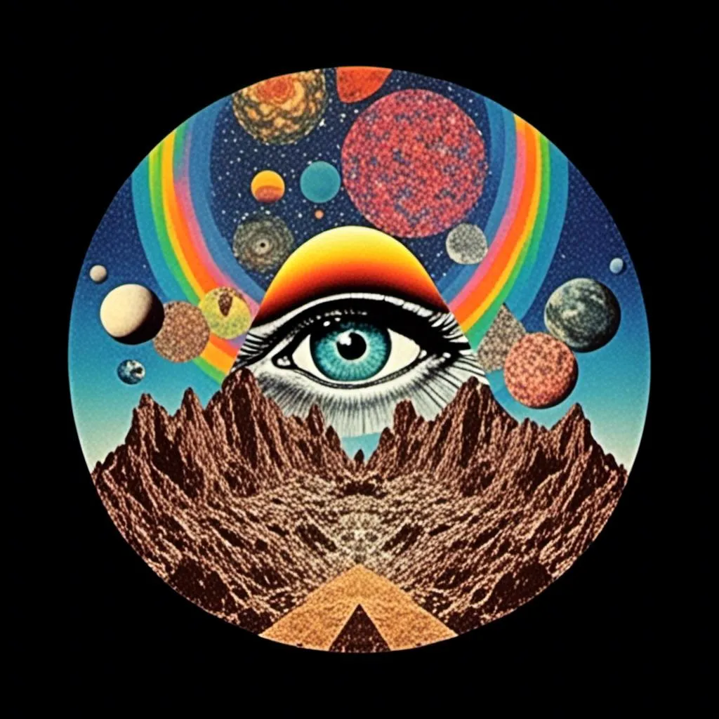 Prompt: <mymodel>Vintage 70s psychedelic surreal sci-fi. Surreal psychedelic Collage Featuring trippy psychedelic patterns/optical illusions in geometric shapes/arrangements/interspliced with images of KITTY cats, eyes, and rainbow spectrums, spliced with images of surreal/alien/mountainous landscapes, planets and moons and asteroids, mushrooms, all cut up and mixed together to create a cool trippy vintage sci-fi psychedelic collage