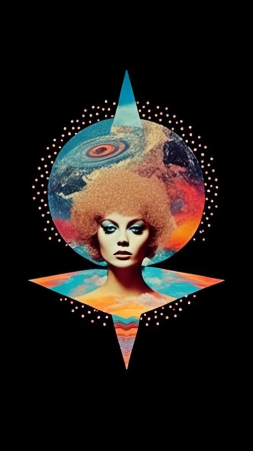 Prompt: <mymodel>Psychedelic trippy collage with a surreal vintage 70s sci-fi feel, vibrant colors, retro futuristic elements, surreal landscapes, detailed psychedelic patterns, high quality, vintage sci-fi, mixed with photograph of a woman with blond curly hair, geometric shape and optical illusions, vibrant colors, surreal, detailed patterns, trippy, collage, 70s, retro futuristic, eyes, surreal landscapes, detailed, atmospheric lighting