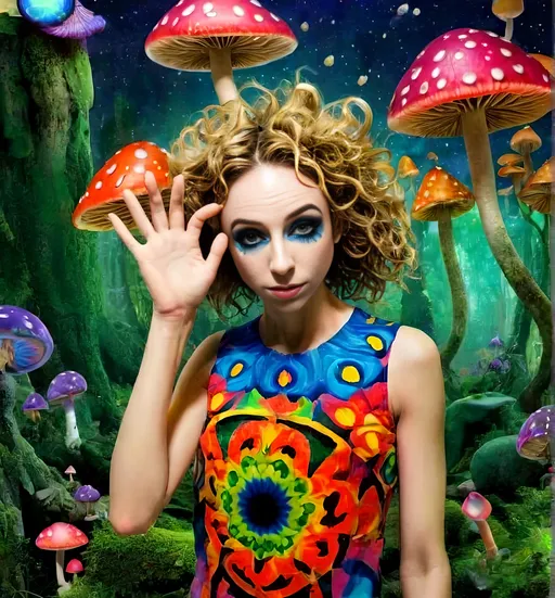 Prompt: 4k, ultra-detailed, psychedelic, trippy, bright colors, vivid, black light poster, girl with longish blond curly hair, psychedelic magic mushrooms, trippy hallucinations, optical illusions, patterns, crystals, moss, forest, moon, geometry fractals, vibrant colors, detailed hair, surreal, vibrant lighting