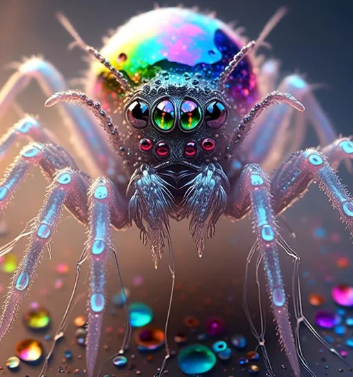 Prompt: <mymodel>extremely hyperrealistic extremely high textural beautiful female sentient spider entity, arachnid woman,8 eyes, humanoid, human woman with spider features, lots of light, extreme organic textures, white, translucent, bright pastel colors, oil slick rainbow sheen effect, silver, chrome, crystals, 
Arachnid, cephalothorax, abdomen, pedipalps, chelicerae, fangs, spinnerets, silk glands, book lungs, tracheae, 