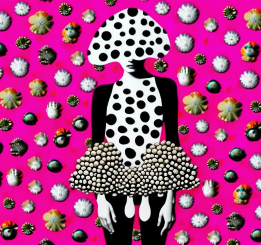 Prompt: a mixed media collage of a girl wearing or growing mushrooms/fungus as clothing body parts and accessories. She is a black and white or halftone photograph, the mushrooms and fungal growths are to be mixed media, including but not limited to paint, enamel, foils, glitter, sparkle, sequins, found objects, natural items, rhinestones etc <mymodel>