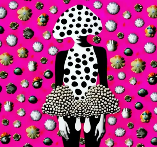 Prompt: a mixed media collage of a girl wearing or growing mushrooms/fungus as clothing body parts and accessories. She is a black and white or halftone photograph, the mushrooms and fungal growths are to be mixed media, including but not limited to paint, enamel, foils, glitter, sparkle, sequins, found objects, natural items, rhinestones etc <mymodel>