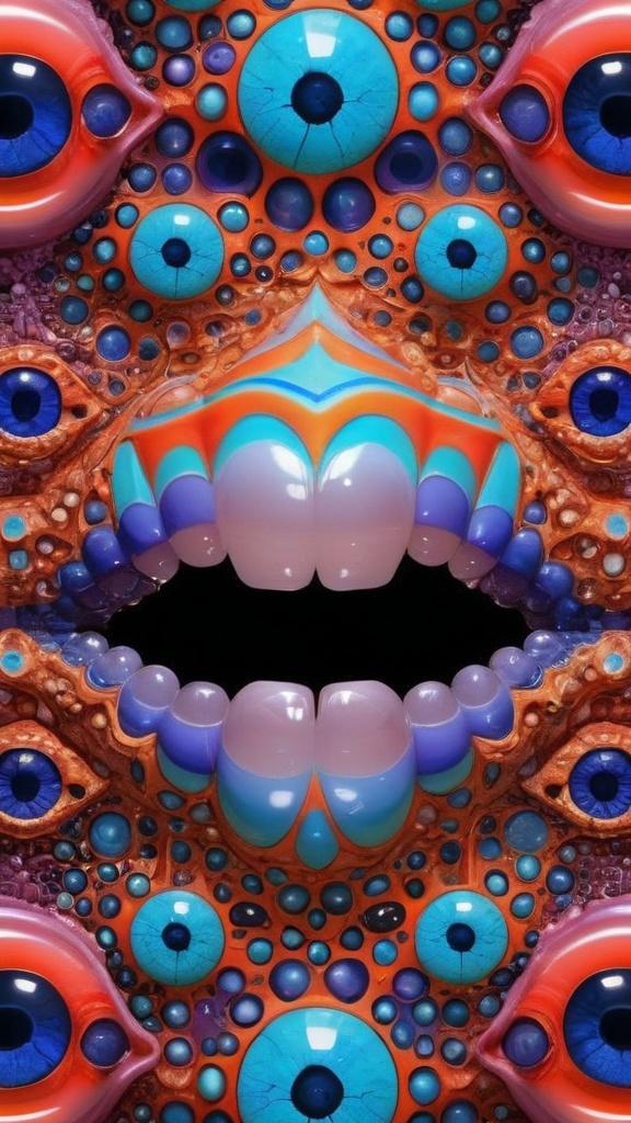 Prompt: Create an extremely hyper-realistic, ultra super textural, weird, trippy, surreal, psychedelic eyes/teeth/mouth pattern/design based on Mandelbrot & “Op Art tiling” with lots of human eyes (crazy colorful compound psychedelic), rows of human teeth, human lips, and tongues. 

- **Colors**: determined by the properties and expressions of the elements (& their isotopes), minerals, and metals: opal, moonstone, amethyst, rose quartz, Platinum (Pt)

**Shapes and forms**
- Mandelbrot 
- "Op Art tiling" 
-other shapes determined by the natural properties and expressions of the elements (& their isotopes), minerals, metals, and biological organisms: opal, moonstone, amethyst, rose quartz,  Platinum (Pt)


- **Textures**: Derived from any/all elements (& their isotopes), minerals, metals, crystals, organic things mentioned in this prompt: opal, moonstone, amethyst, rose quartz, Platinum (Pt)

**Composition and Layout**:
- a pattern/design based on the Op Art tiling & Mandelbrot 

**Lighting**:
- lots of bright light
- Phosphorescence

**Detail and Atmosphere**:
- Extreme hyperrealistic sharp high detail high definition organic and mineral textures
- Psychedelic, weird, odd, surreal atmosphere
- Frozen in time

**Additional Elements**:
- extra rows of teeth, lips, many eyes, Op Art tiling, Mandelbrot 
