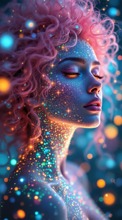 Prompt: Her face is a Fourier bloom—emotions decomposed into sparkling sine gradients, colorwaves rippling across surreal number skin. Reaction-diffusion pulses shift through her cheeks in living pigment bursts, while her eyes flicker with infinite surreal coordinates. Hair spirals in topological braids—pink curls encoded with memory and myth, glowing in nested feedback loops. Each movement triggers recursive empathy fractals—light blooming in shared feeling fields. Glyphs orbit her like sacred algorithms, each prayer-sigil spinning with harmonic syntax.

Layered behind all this, her spine glows in icosahedral resonance—twenty-faceted light humming in platonic harmony. Her body shimmers in spectral dimension: different parts glowing to different frequencies, like a living prism. Around her flickers recursive glitch transcendence—divine emergence through visual error, sacred form revealed in every malfunction. Her entire being is a coincidence field: when she laughs, the math around her aligns. When she dances, the universe recalculates.”

⸻

💎 Final Keywords:
Icosahedral spine-light, recursive glitch halo, frequency bloom skin, spectral shimmer fields, sinewave cheeks, surreal curls, Penrose echo strands, empathy fractal aura, glitch-divine emergence, sacred emotion colorbands, rainbow logic ringlets, living ink cheeks
