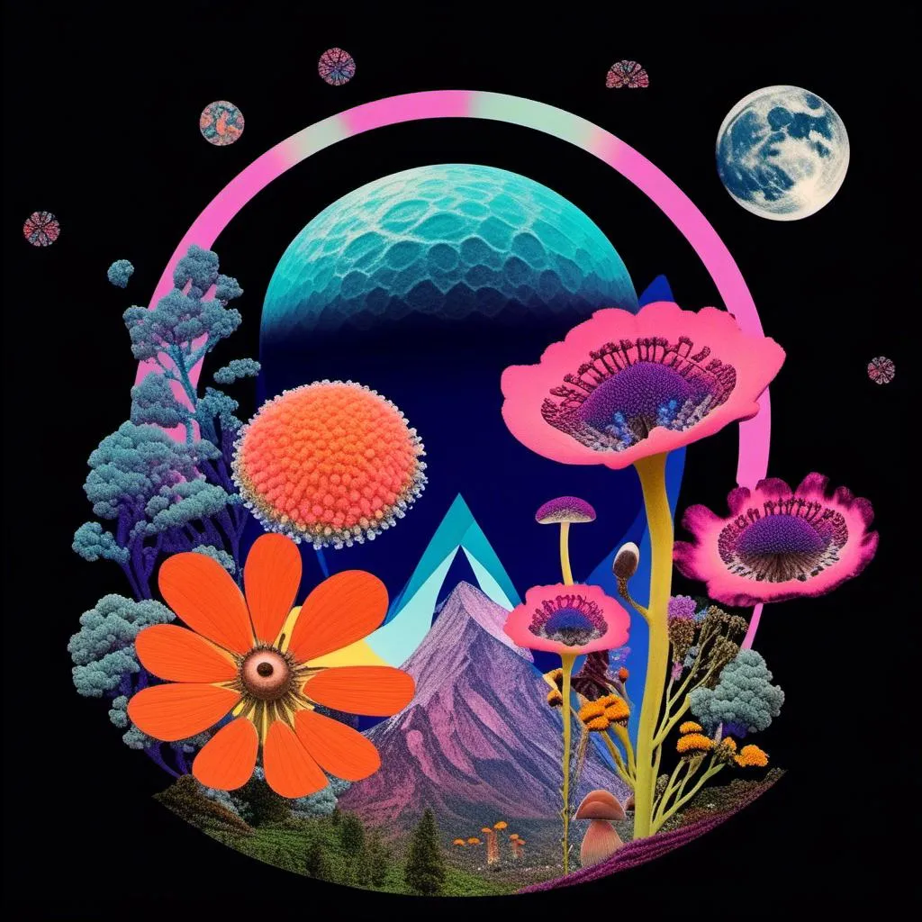 Prompt: A psychedelic collage evoking a vintage 70s sci fi feel but I stead of the sci-fi theme let’s do wildflowers. Photos and art of wildflowers spliced with things like psychedelic patterns/optical illusions, landscapes, geometry, mushrooms/fungus, insects, crystals, gemstones, the sun & moon, etc. Employ a pretty floral color pallet but keep that surreal feel in this natural organic psychedelic collage<mymodel> 