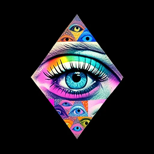 Prompt: A vintage analog paychedelic 70s collage featuring: eyes! Eyes! Also mouths, extra limbs, appendages, collages with trippy psychedelic patterns/optical illusions, landscapes, spacescapes, rainbow spectrums, gemstone textures<mymodel>