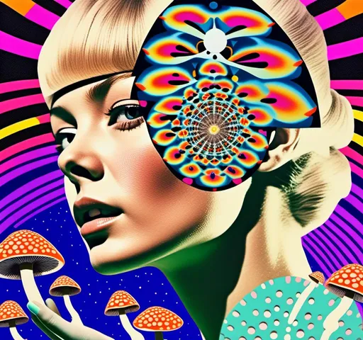 Prompt: a psychedelic collage reminiscent of 70s psychedelic sci fi collage artwork celebrating a girl on mushrooms. It is to feature a photograph of a woman with blond curly hair that is edited by splicing it with other images from photographs, magazines, newspapers, illustrations/paintings to create the impression she is high on magic mushrooms. The work will include such elements as a psychedelic 3rd eye open, stars and planets, trippy optical illusions and patterns, psilocybin cubensis mushrooms, fractals, UFOs, aliens, geometric shapes, auras, rainbow spectrums, sacred geometry, trippy drippy stuff, psychedelic hallucinations, open eyes, landscapes of astral worlds<mymodel>