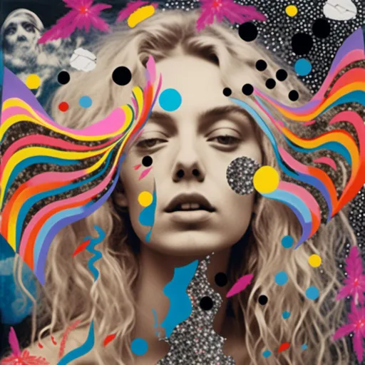 Prompt: <mymodel>Mixed media collage of a woman wing long blond curly hair having a psychedelic experience, herself a photograph, maybe in black and white or halftones, with mixed media hallucinations swirling around her, and mushrooms growing out of her made from paint, foils, glitter, sequins, stones, ripped and folded paper, thread, etc