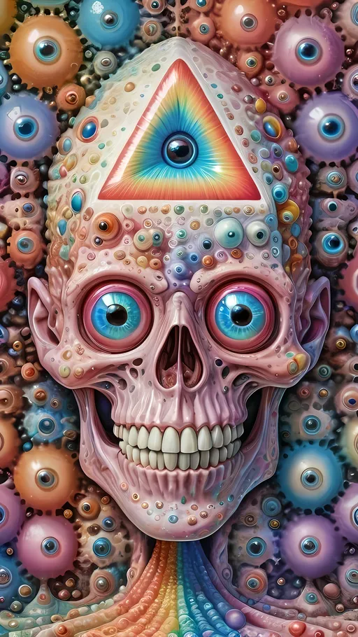 Prompt: an extremely hyper realistic ultra super textural weird trippy surreal psychedelic entity, gyroid structures, Pascal's Triangle, white, translucent, clear, bright bright pastel colors, oil slick rainbow sheen effect, lots and lots of light, lots of crazy colorful compound psychedelic human eyes, rows of human teeth, fungus, atoms, diatoms, gyroid structures, Pascal's Triangle