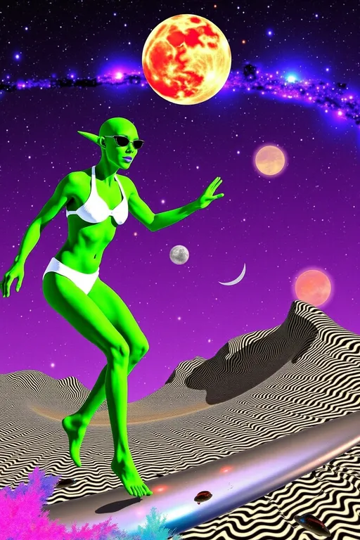 Prompt: Let's add that cosmic phrase into the mix:

**Astral Surfing Queen - AI Art Prompt**

Create an artwork featuring our iconic green-skinned alien babe, rocking a retrofuturistic swimsuit that blends vintage style with sleek, modern design. Picture her surfing an astral wave made entirely of vibrant colored light and abstract astral matter, gliding effortlessly through the vast expanse of the astral plane.

She's "hanging 10," her toes gripping the edge of a metallic, futuristic surfboard that gleams with an otherworldly sheen. The board is adorned with intricate patterns and glowing accents, reflecting the advanced technology of her cosmic culture.

Her expression is one of pure joy and exhilaration, as she rides the astral wave with the grace and skill of a seasoned surfer. Her bald conical head and large, solid black almond-shaped eyes add an extra layer of mystique to her carefree demeanor.

The background is a dazzling display of cosmic elements—swirling nebulae, twinkling stars, and trails of astral light that create a sense of motion and energy. The astral wave itself is a dynamic flow of luminous colors and abstract forms, embodying the ethereal and ever-changing nature of the astral realm.

Incorporate the text phrase "SURF THE ASTRAL" in a bold, glitchy, futuristic style that complements the vibrant and dynamic nature of the scene. The text should integrate seamlessly into the composition, enhancing the theme and adding a narrative element to the artwork.

Balance hyperrealistic textures with an illustrative, artistic style, capturing the playful and adventurous essence of this astral surfing queen. Let the fine details and vibrant colors transport viewers into a realm where surfing meets the extraterrestrial, in a celebration of cosmic joy and exploration. 🌌🏄‍♀️👽

Let this prompt inspire a piece that's as dynamic and visually captivating as it is uniquely yours!