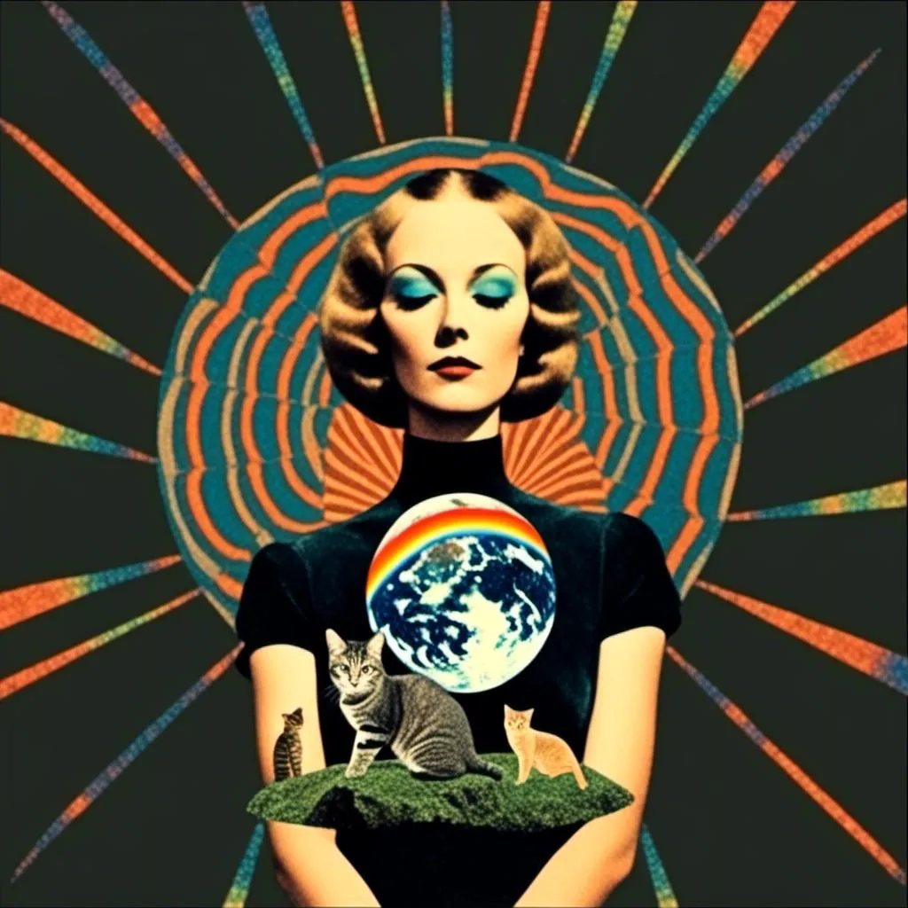 Prompt: <mymodel>Vintage 70s psychedelic surreal sci-fi. Surreal psychedelic Collage Featuring trippy psychedelic patterns/optical illusions in geometric shapes/arrangements/interspliced with images of cats, and rainbow spectrums, spliced with images of surreal/alien/mountainous landscapes, planets and moons and asteroids, mushrooms, all cut up and mixed together to create a cool trippy vintage sci-fi psychedelic collage