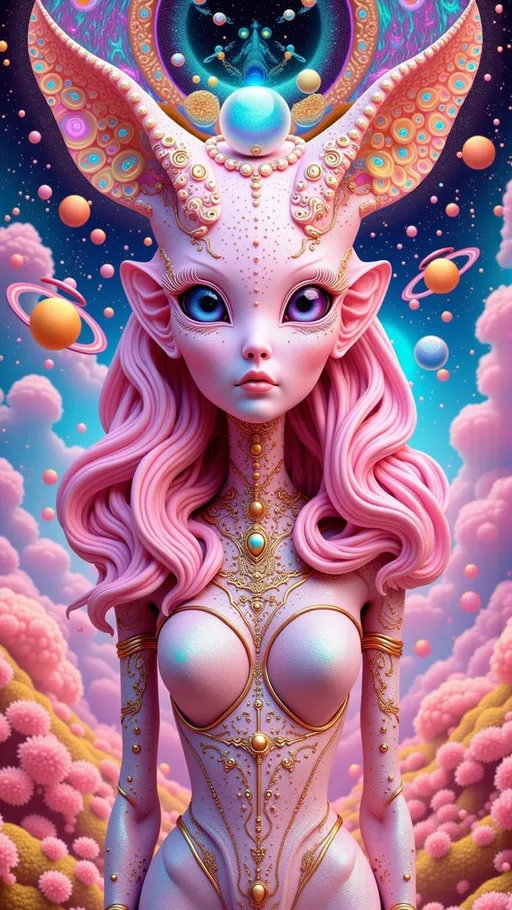 Prompt: **Prompt:**  
"A surreal retro-psychedelic collage featuring a pink alien humanoid with a sleek, elongated head that tapers elegantly at the top, her skin glowing with a bioluminescent shimmer. Her voluminous, curly neon-pink hair cascades like candy floss, framing her exaggerated, oversized pouty lips, which are plush, glossy, and irresistibly kissable, glowing faintly as if charged with cosmic energy. Her large, almond-shaped eyes dominate her face, their irises shifting like liquid opals between lavender, cerulean, and gold, with pearlescent white sclera adding an ethereal intensity to her gaze. Delicate, glowing markings in the shape of constellations trace her temples, hinting at her celestial origins. She wears a holographic pink latex space suit that clings to her form and radiates iridescent hues, reflecting the swirling starlight around her.  

The background is a chaotic, surreal expanse of space, blending vibrant, swirling galaxies in magenta, turquoise, and orange with retro 1960s-style patterns, like checkerboards, spirals, and melting shapes. Planets with glittering rings float alongside distorted, vintage sci-fi spaceships, while glowing nebulae twist into optical illusions. The entire scene feels like a trippy, cosmic fever dream, with textures and colors bleeding together in a kaleidoscopic haze. The composition has an agog finish, with every detail exaggerated and vibrating with energy, as though the universe itself is alive and pulsing in sync with her presence. This alien goddess is both glamorous and surreal, a living embodiment of cosmic psychedelia."  

retro analog style finish 
