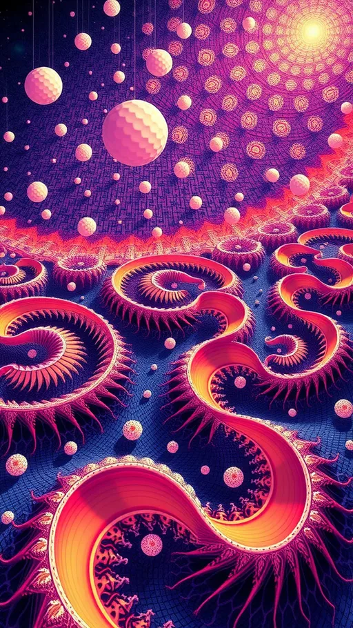 Prompt: Let's create a cohesive art prompt using the selected elements:

### Final Art Prompt:

"An extremely super hyperrealistic trippy weird surreal odd scene featuring a **Koch Snowflake** fractal, with its intricate, recursive patterns forming the backdrop. The landscape is dotted with **Peano Curves**, creating a maze-like appearance that leads the eye to various focal points. In the foreground, a **Turing Pattern** emerges, resembling the complex coat patterns of exotic animals, adding a sense of biological wonder.

Nestled within this fractal world are clusters of **Möbius Strips**, twisting and looping in impossible ways, defying gravity and perspective. The air shimmers with the vibrant hues of **Spirograph Patterns**, their looping forms reminiscent of childhood toys but with an otherworldly glow.

Incorporated into this scene are **Menger Sponges** suspended in mid-air, their porous structures casting intricate shadows that dance across the ground. The entire composition is woven together with the organic flow of **Voronoi Tiling**, creating a cellular structure that feels both natural and alien.

Throughout the scene, elements of **Quartz** and **Amethyst** crystals glisten, their facets catching the light and refracting it into a spectrum of colors. The **Fluorite** adds a mystical touch with its multicolored glow, while **Malachite** bands weave through the landscape, providing a rich, green contrast.

Microscopic details are magnified to colossal scales, with **Ammonia tepida** and **Globigerina bulloides** foraminifera spiraling through the air, their intricate shells adding texture and depth to the scene.

This surreal landscape is a fusion of mathematical precision and organic chaos, where the boundaries between the microscopic and the macroscopic blur, inviting the viewer to explore the infinite possibilities of form and pattern."

This prompt combines the selected mathematical functions, natural elements, pattern tiling, minerals, and microscopic items into a visually rich and imaginative scene.