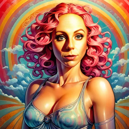 Prompt: a woman with pink hair and a sun above her head, surrounded by swirling waves and a rainbow hued sky, Alex Grey, psychedelic art, psychedelic, poster art