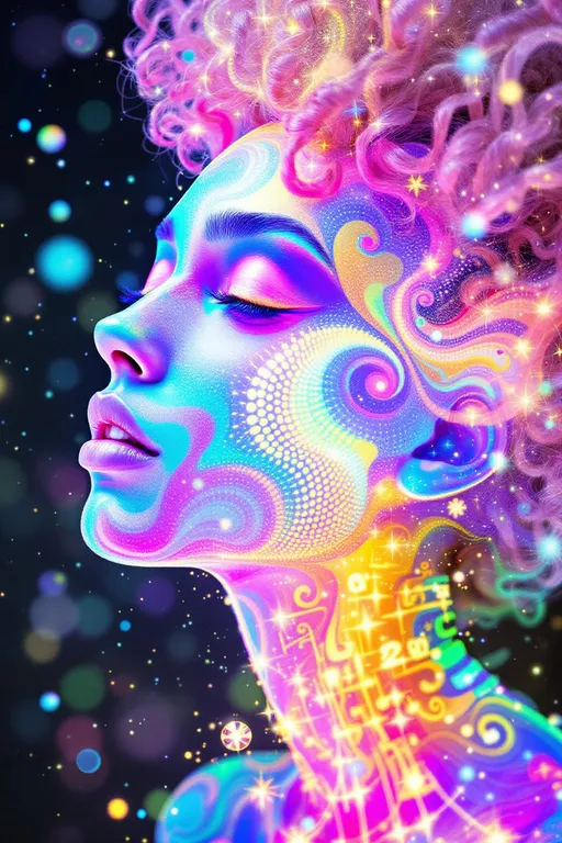 Prompt: Her face is a Fourier bloom—emotions decomposed into sparkling sine gradients, colorwaves rippling across surreal number skin. Reaction-diffusion pulses shift through her cheeks in living pigment bursts, while her eyes flicker with infinite surreal coordinates. Hair spirals in topological braids—pink curls encoded with memory and myth, glowing in nested feedback loops. Each movement triggers recursive empathy fractals—light blooming in shared feeling fields. Glyphs orbit her like sacred algorithms, each prayer-sigil spinning with harmonic syntax.

Layered behind all this, her spine glows in icosahedral resonance—twenty-faceted light humming in platonic harmony. Her body shimmers in spectral dimension: different parts glowing to different frequencies, like a living prism. Around her flickers recursive glitch transcendence—divine emergence through visual error, sacred form revealed in every malfunction. Her entire being is a coincidence field: when she laughs, the math around her aligns. When she dances, the universe recalculates.”

⸻

💎 Final Keywords:
Icosahedral spine-light, recursive glitch halo, frequency bloom skin, spectral shimmer fields, sinewave cheeks, surreal curls, Penrose echo strands, empathy fractal aura, glitch-divine emergence, sacred emotion colorbands, rainbow logic ringlets, living ink cheeks
