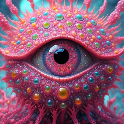 Prompt: <mymodel> Extremely hyperrealistic psychedelic geometric fractal creature, trippy, surreal, odd, weird, unsettling, multidimensional geometry, lots of crazy psychedelic human eyes/compound eyes, human teeth,  geometric shape, translucent, silver, white, bright pastel colors, fractals, ultra textural, creature, monster, entity, face/body/mouth, eyes, pink, orange, yellow, green, oil slick rainbow sheen effect