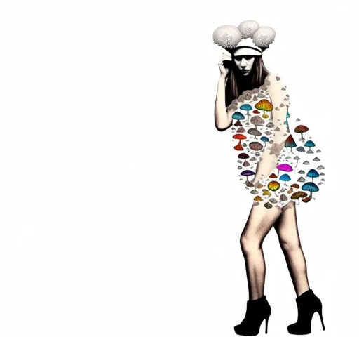 Prompt: A mixed media collage of a black and white photograph of a young woman growing all kinds of colorful multimedia psychedelic mushrooms and fungus out of her body (incorporate things like- but are not limited to - vibrant paints, enamels, glitters, metallic foils, newspaper and magazine cut paper, paint spatter, etc)<mymodel>