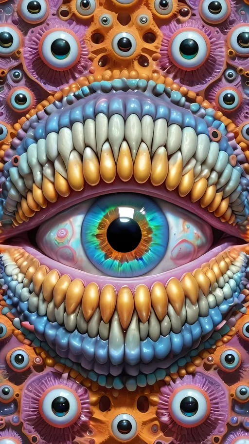 Prompt: an extremely hyper realistic ultra super textural weird trippy surreal psychedelic entity, Apollonian Gaskets, white, translucent, clear, bright bright pastel colors, oil slick rainbow sheen effect, lots and lots of light, lots of crazy colorful compound psychedelic human eyes, rows of human teeth, fungus, atoms, diatoms, Apollonian Gaskets