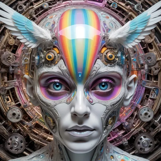 Prompt: An extremely hyperrealistic non humanoid flying, super high textural, silver, white, translucent, bright pastel colors, oil slick rainbow sheen, lots of light, weird trippy surreal psychedelic entity, mechanical and biological, human head with 4 faces, interdimensional geometric mechanical tesseract within tesseract, wheels within wheels spinning different directions on different axis, covered in lots of crazy psychedelic trippy human eyes, everywhere, all over it eyes, leather, metal, skin, feathers, extreme organic and metallic textures