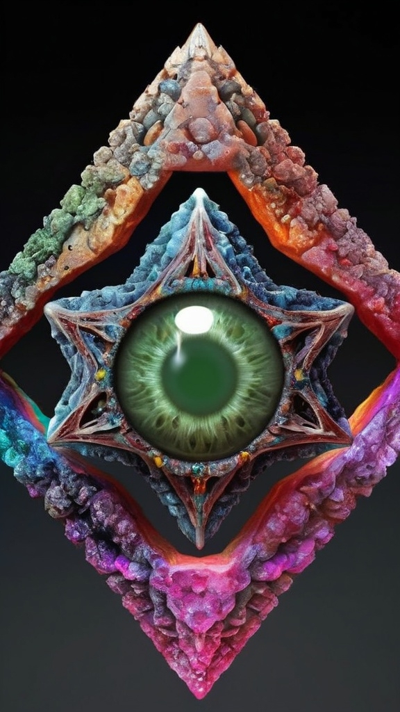 Prompt: Create an extremely hyper-realistic, ultra super textural, weird, trippy, surreal, psychedelic eyes/teeth/mouth pattern/design based on “metatron’s Cube” with lots of human eyes (crazy colorful compound psychedelic), rows of human teeth, human lips, and tongues. 

- **Colors**: determined by the properties and expressions of the elements (& their isotopes), minerals, and metals: Nickel (Ni), Aventurine, Chrysoberyl

**Shapes and forms**
- “Metatron's Cube”
-other shapes determined by the natural properties and expressions of the elements (& their isotopes), minerals, metals, and biological organisms: diatoms, Nickel (Ni), Aventurine, Chrysoberyl


- **Textures**: Derived from any/all elements (& their isotopes), minerals, metals, crystals, organic things mentioned in this prompt: “Metatron's Cube” Nickel (Ni), Aventurine, Chrysoberyl

**Composition and Layout**:
- a pattern/design based on the “Metatron's Cube”

**Lighting**lots and lots of bright shining reflective light
- Trichroism


**Detail and Atmosphere**:
- Extreme hyperrealistic sharp high detail high definition organic and mineral textures
- Psychedelic, weird, odd, surreal atmosphere
- Frozen in time

**Additional Elements**:
- extra rows of teeth, lips, many eyes, diatoms, “Metatron's Cube” , Aventurescence, Chatoyancy
