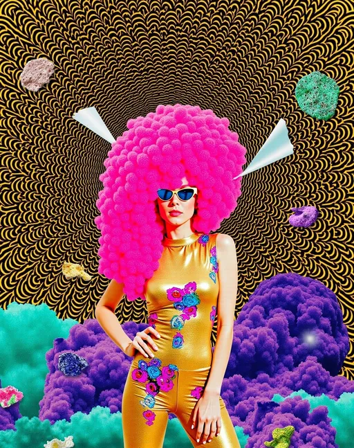 Prompt: A dazzling 1960s psychedelic concert poster erupts with swirling, fractal-inspired chaos. At the center stands a caucasian slim woman with long wild pink very curly hair, her locks spiraling outward into Mandelbrot-like fractals that merge with the vibrant background. She wears a shimmering sleeveless jumpsuit in metallic gold and deep purple, patterned with glowing diatoms and crystalline shapes that pulse like they’re alive. Her blue eyes radiate concentric rings of neon green and electric blue, vibrating with quantum energy.

The background is a kaleidoscope of chaotic beauty—spiraling fractals, glowing mineral structures resembling quartz and amethyst, and translucent diatoms floating like cosmic snowflakes. Waves of vibrational energy ripple outward, forming liquid-like patterns in neon pink, teal, and golden yellow, all outlined in bold black for a sharp, graphic finish. Quantum particles dart through the air, leaving trails of shimmering light that crisscross the scene.

The lighting is flat and bold, mimicking vintage screen-printed posters, but the details are intricate, with every fractal curve, mineral glint, and diatom rendered in surreal precision. The style draws inspiration from 1960s poster artists like Victor Moscoso, blending bold outlines with psychedelic chaos. The mood is electric and mind-expanding, a visual symphony of math, minerals, and vibrations.