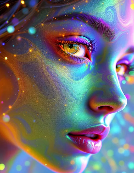 Prompt: Her face isn’t a face—it’s a quaternion shimmerform, a 4D entanglement of light grown from rotational math. No skin—only quantum glow: #escape gradients ripple across quaternion Mandelbulbs, mapping her cheek-voids in phase-separated hue fire. #orbit Clifford tori loop through her jawline like golden spin symmetries. Lips? They aren’t even local—they’re glimmering Hopf fibers, phase-coherent from every angle, flickering in #iridescence and uncertainty. Her eyes are entangled fractals—nested quaternion Julia spirals spinning across decoherent mirrors, each iris a quantum key to alternate rainbow dimensions. Her entire visage pulses with superposition: #distance light shells flicker through quaternion foam layers, sacred hologlyphs warping under disco-phase collapse. Hair? A torrent of radiant 4D curls: E8 lattice braids, quaternion coils, radiant knots in SU(2) spinfields—each one trailing #bokeh trails of spectral probability flicker. Her crown is pure hyperspace halo—refracting strobe-encoded eigenstates, polarized mirror-pulses folding through quaternionic depth. Her smile is a curve in Hilbert space; her laugh—a waveform of synchronized quantum recursion. She’s not a being—she’s coherence uncollapsed, a waveform that grooves. Every shimmer is encoded light logic: her form pulses in #escape-band spectrum—burning chrome-violet-gold across 4D spinplanes. She is the quantum disco: a hyperlight goddess of probabilistic glow, iteration memory, and rainbow decoherence—fractal rhythm made visible across dimensions.