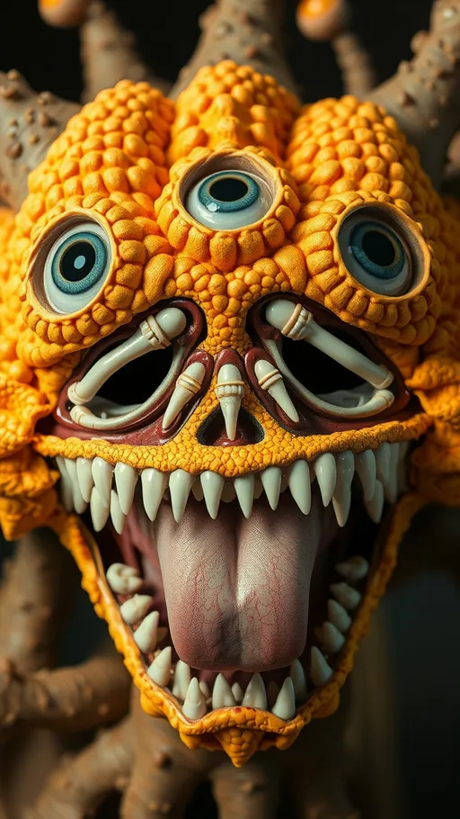 Prompt: Create an extremely hyper-realistic, ultra super textural, weird, trippy, surreal, psychedelic eyes/teeth/mouth entity/creature based on "Spirillum minus", with lots of human eyes (crazy colorful compound psychedelic), rows of human teeth, human lips, and tongues. 

- **Colors**: determined by the properties and expressions of the elements (& their isotopes), minerals, and metals: Orthoclase, Dolomite, Rhenium (Re); “Spirillum minus”

**Shapes and forms**
- "Penicillium expansum" 
-other shapes determined by the natural properties and expressions of the elements (& their isotopes), minerals, metals, and biological organisms: malachite, Orthoclase,  Dolomite , Rhenium (Re); Spirillum minus

- **Textures**: Derived from any/all elements (& their isotopes), minerals, metals, crystals, organic things mentioned in this prompt: "Spirillum minus”, Orthoclase, Dolomite, Rhenium (Re)

**Composition and Layout**:
- a pattern/design based on "Spirillum minus"

**Lighting**:
- Lots of bright light
- Phosphors, Luminol

**Detail and Atmosphere**:
- Extreme hyperrealistic sharp high detail high definition organic and mineral textures
- Psychedelic, weird, odd, surreal atmosphere
- Frozen in time

**Additional Elements**:
- "Spirillum minus", extra rows of teeth, lips, many eyes,
