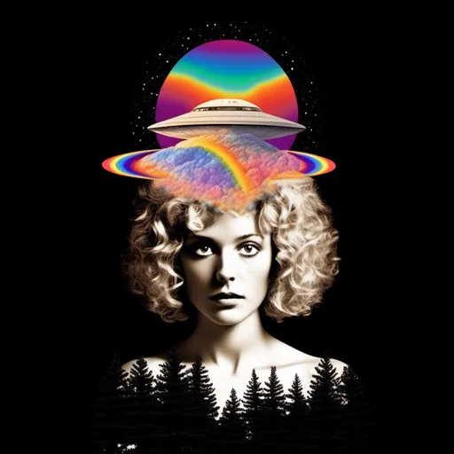Prompt: A psychedelic collage featuring a photograph of a woman with blond curly long hair. The photo is cut and spliced with other photos and drawings of aliens, UFOs, rainbow spectrums are erupting from places, planets, stars, landscapes, and sparkles set amidst optical illusions of all kinds in geometric shapes giving an otherworldly surreal bizarre ufo alien effect to this psychedelic collage <mymodel>
