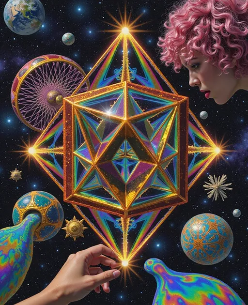 Prompt: A hyperdimensional light-being centered around a radiant rhombic dodecahedron, its crystalline facets alive with refracted rainbow light, floating in an astral void. Each face of the polyhedron channels iridescent filaments into expanding Penrose tilings, recursive golden spirals, and kaleidoscopic fractal rings. The geometry breathes with cosmic intelligence, a divine mechanism of sacred ratios and multidimensional flow. Within and around this structure, a faint feminine echo—slim, long wild pink curls—dissolves into light, barely perceptible, like a myth embedded in sacred code. The being’s presence is more vibration than form, integrated seamlessly into a mesh of rainbow circuits and holographic sacred motifs. Rendered in the surreal, textured style of La Planète Sauvage, with matte cel-shading, inked outlines, and organic dream-logic. The background features floating glyph-machines, metaphysical bioforms, and celestial glyphs orbiting in symbolic silence. Oil-slick iridescence ripples across all surfaces, accentuated with analog film grain. A visionary fusion of sacred geometry and surreal astral symbolism, where humanity exists only as a residual harmonic inside divine architecture.
— style: Cosmic Surrealism + La Planète Sauvage
— sacred geometry: Primary motif
— human reflection: Minimal archetypal trace
— oil-slick iridescence: Active
— analog grain: On
— chaotic surreal forms: Mild background presence
