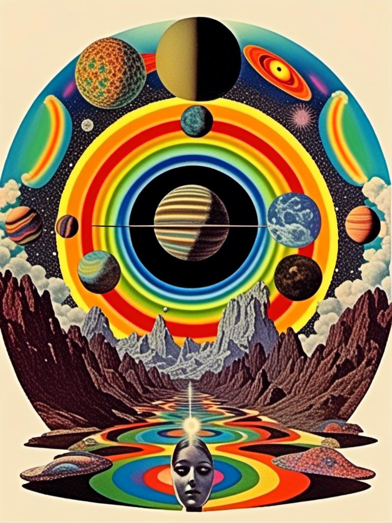 Prompt: A vintage 70s psychedelic collage with the theme “astral vacation”- incorporate themes of astral projection, the astral plane, the silver cord, use an astral brilliantly but sometimes muted opalescent color palette, & combine it all with planets, orbs, optical illusions and psychedelic trippy patterns, color spectrums as a surreal vintage psychedelic collage<mymodel>