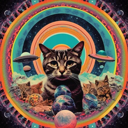 Prompt: a psychedelic collage with a vintage 70s sci-fi animation feel to it except the subject matter will be CATS IN SPACE! The collage will have elements of photography, illustration, trippy patterns and optical illusions, alien landscapes, strange trippy planets, UFOs,, meteors, all cut and spliced together in a psychedelic collage style <mymodel>